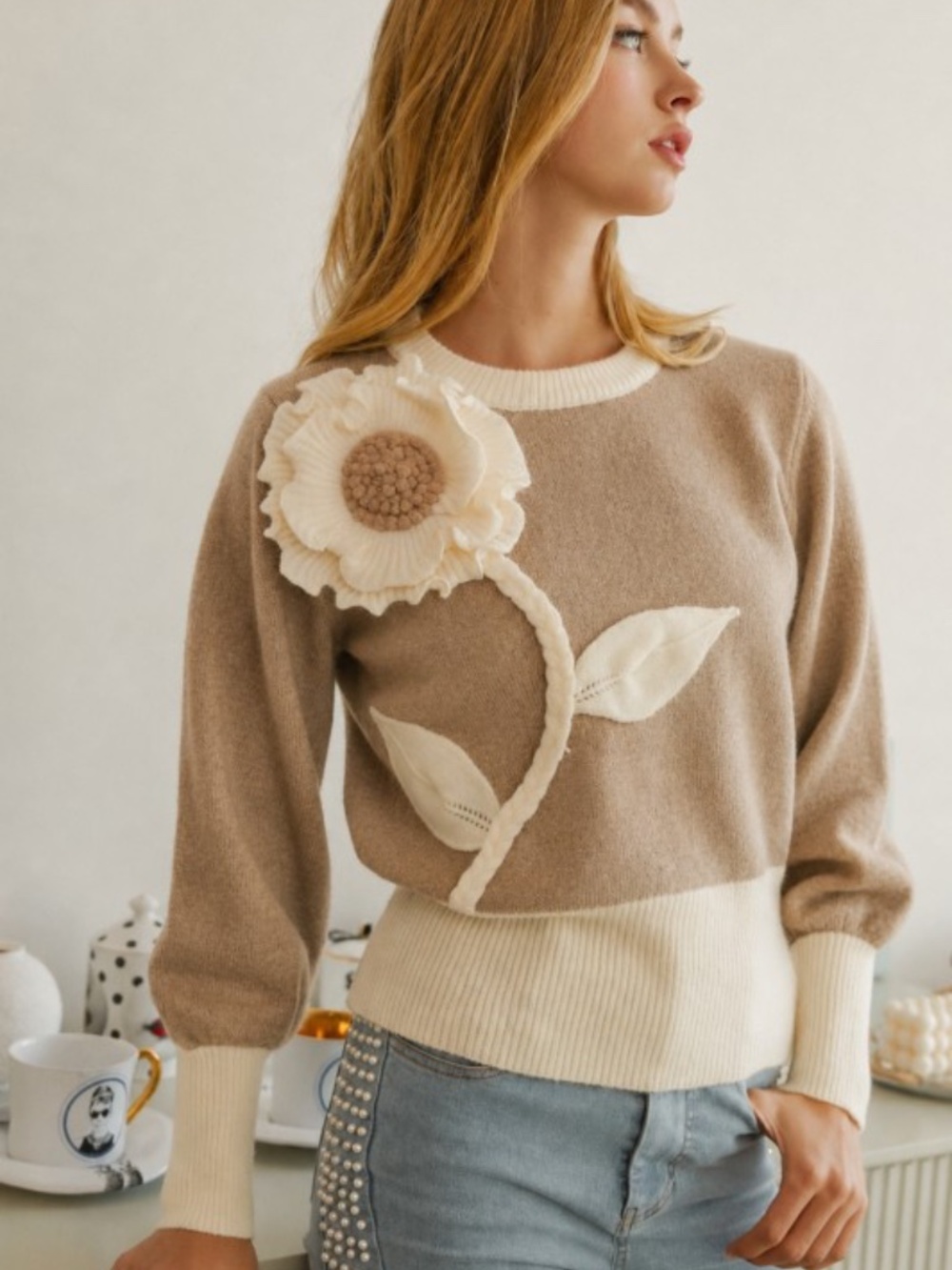 LovLov Tan Cream Flower Sweater